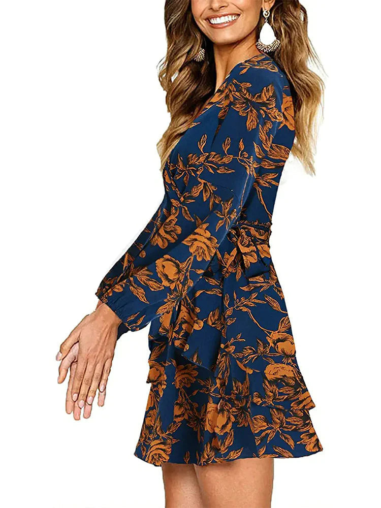 Floral Deep V-Neck Long Sleeve Wrap Ruffle Mini Dress - View 2