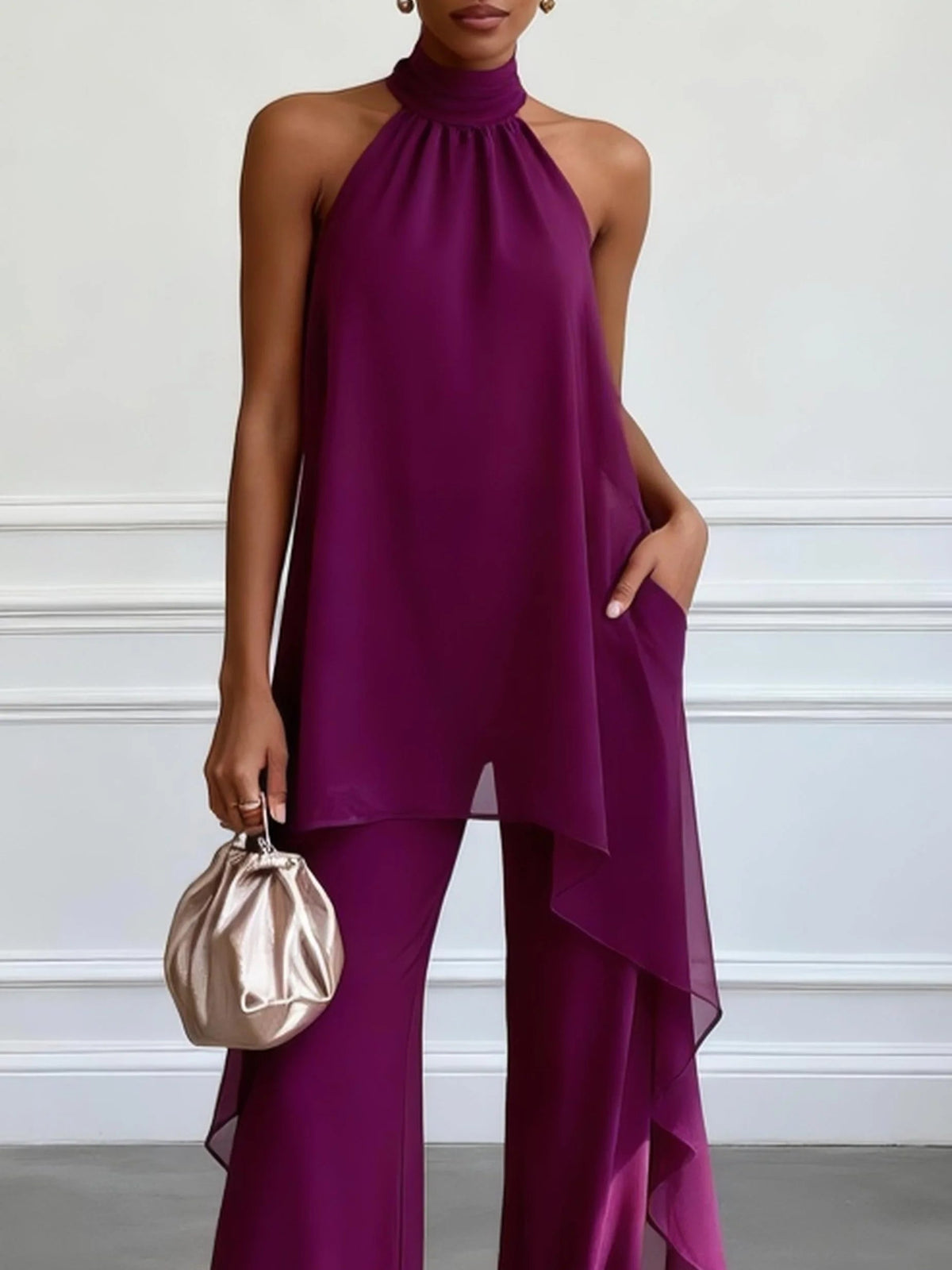 Halter Neck Sleeveless High Low Top and Wide Leg Pants Two Piece Set 3