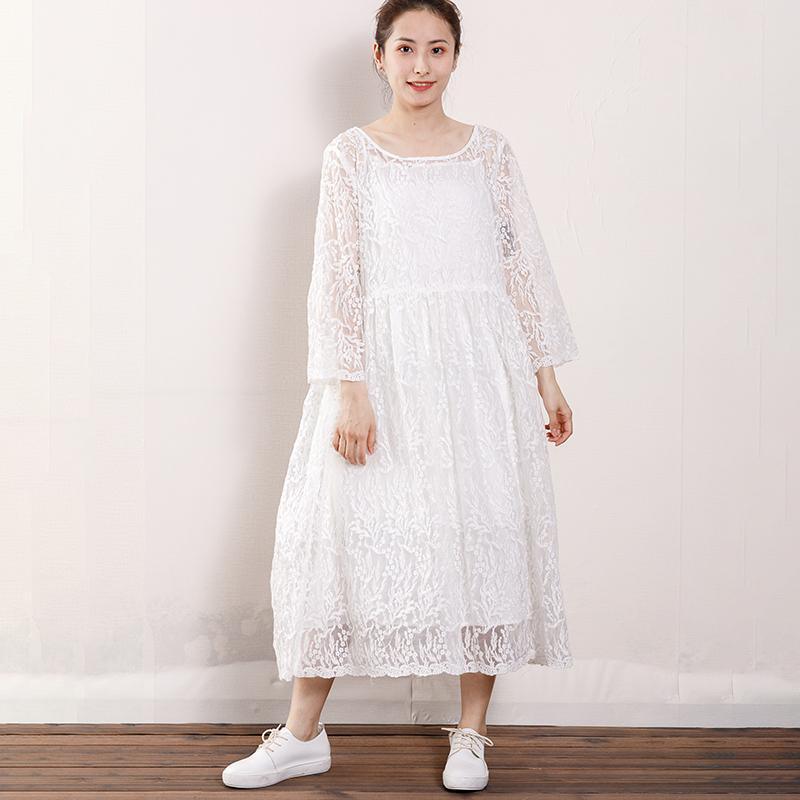 Floral Lace Scoop Neck Long Sleeve Empire Waist Sheer Hem Midi Dress - View 7