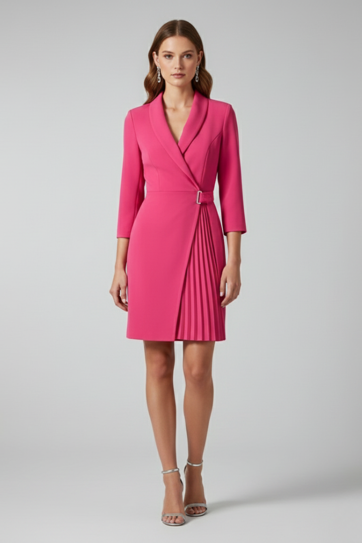 Shawl Collar Belted Pleated Wrap Blazer Dress 2