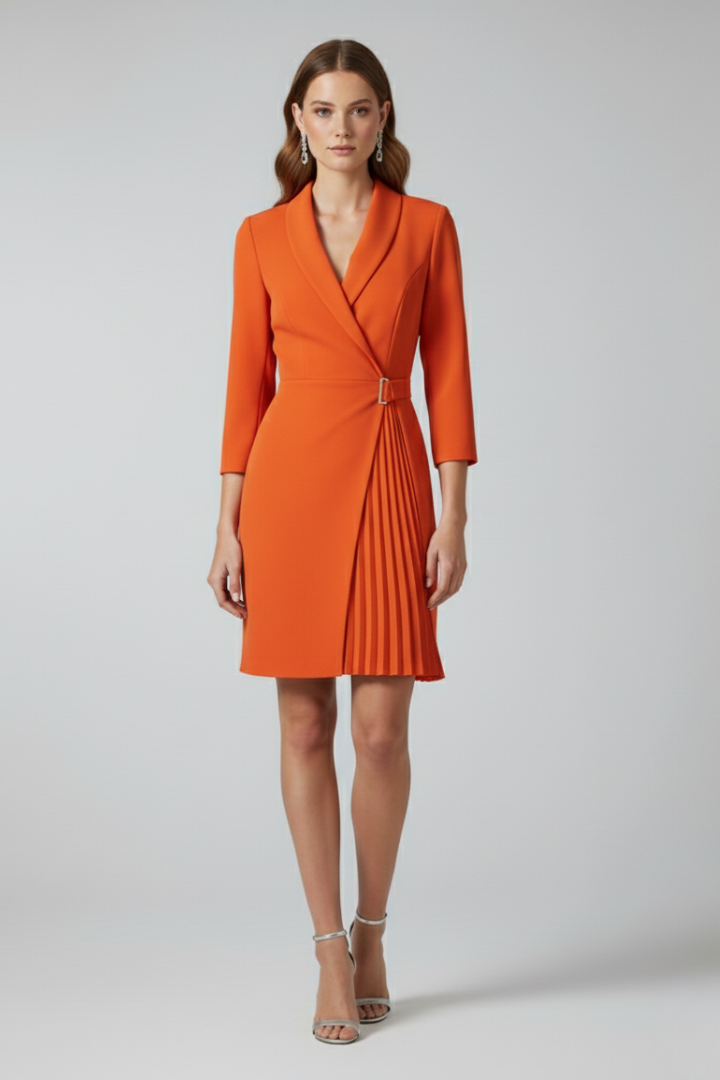 Shawl Collar Belted Pleated Wrap Blazer Dress 6
