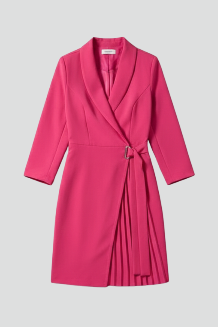 Shawl Collar Belted Pleated Wrap Blazer Dress
