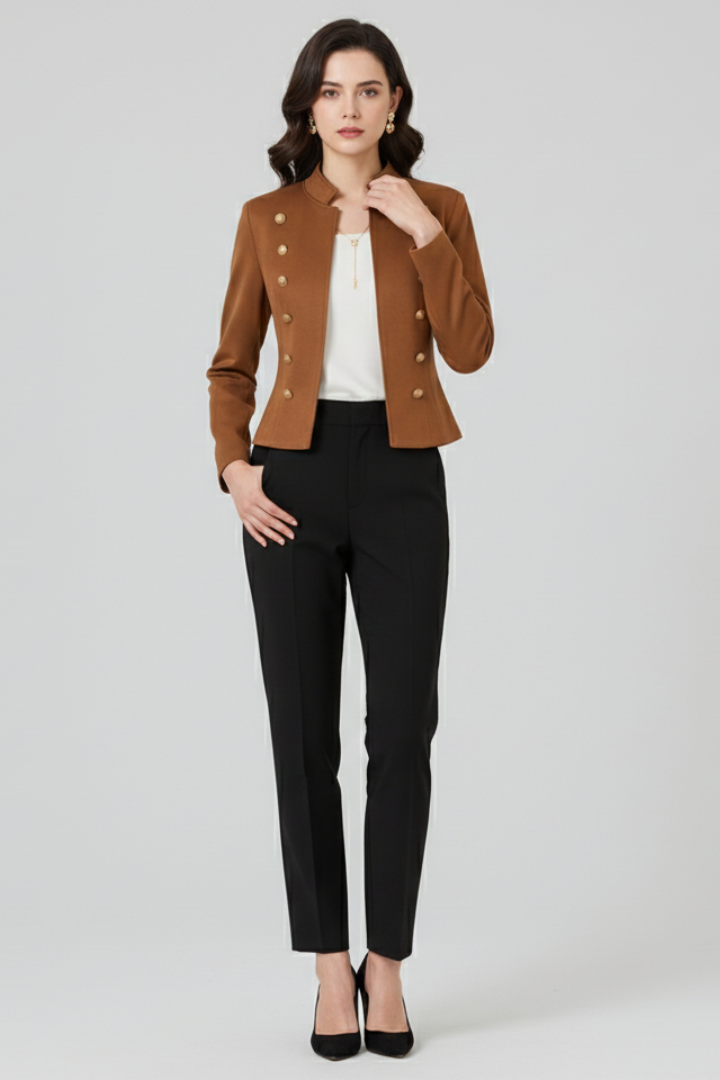 Stand Collar Double Breasted Button Cropped Military Jacket 2