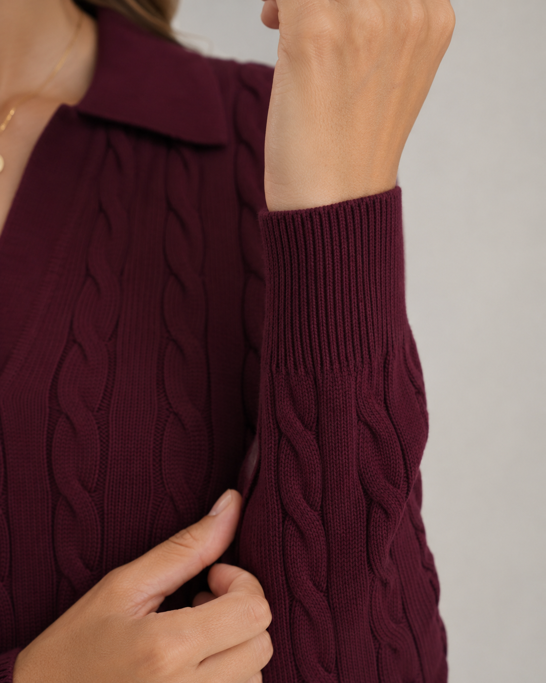 Cable Knit Collared Long Sleeve Polo Sweater 4