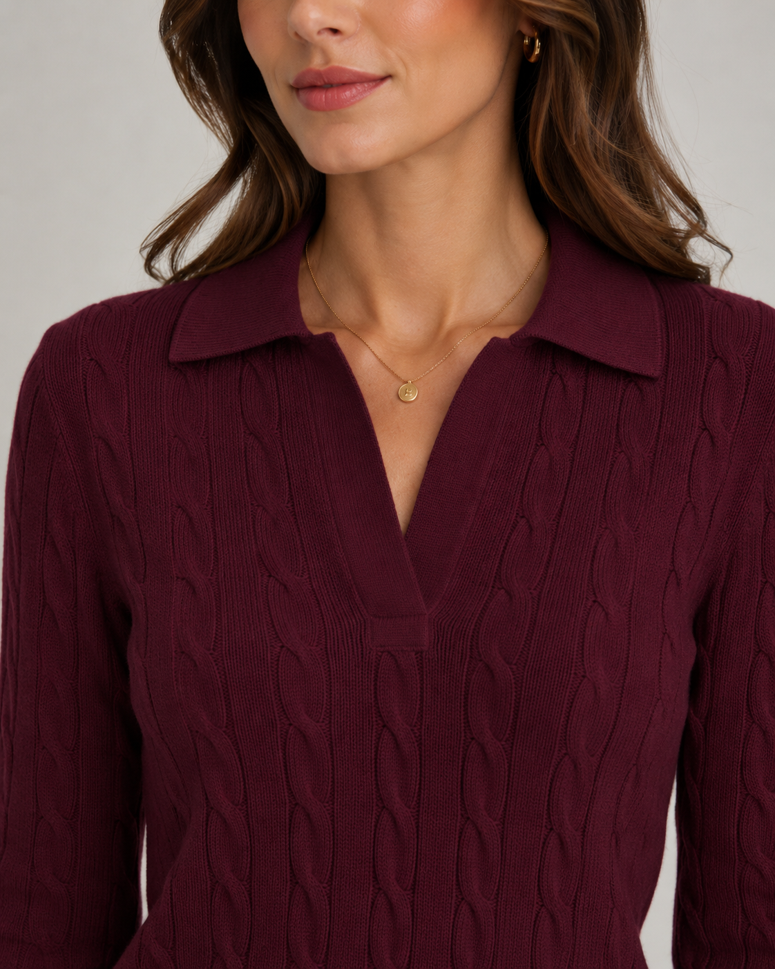 Cable Knit Collared Long Sleeve Polo Sweater 5