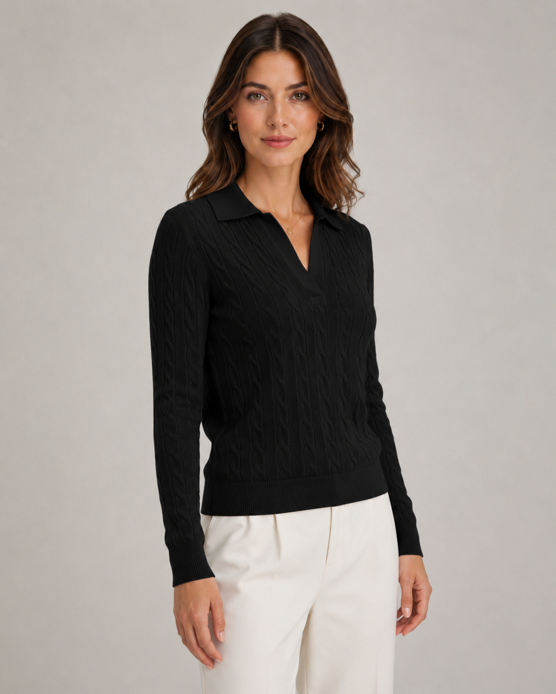 Cable Knit Collared Long Sleeve Polo Sweater 2