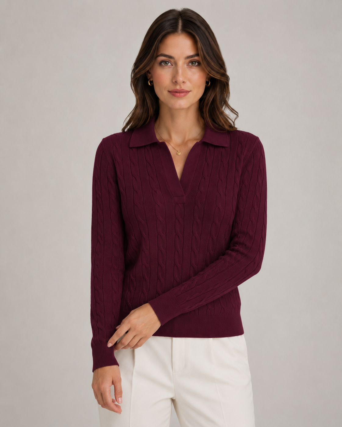 Cable Knit Collared Long Sleeve Polo Sweater 6
