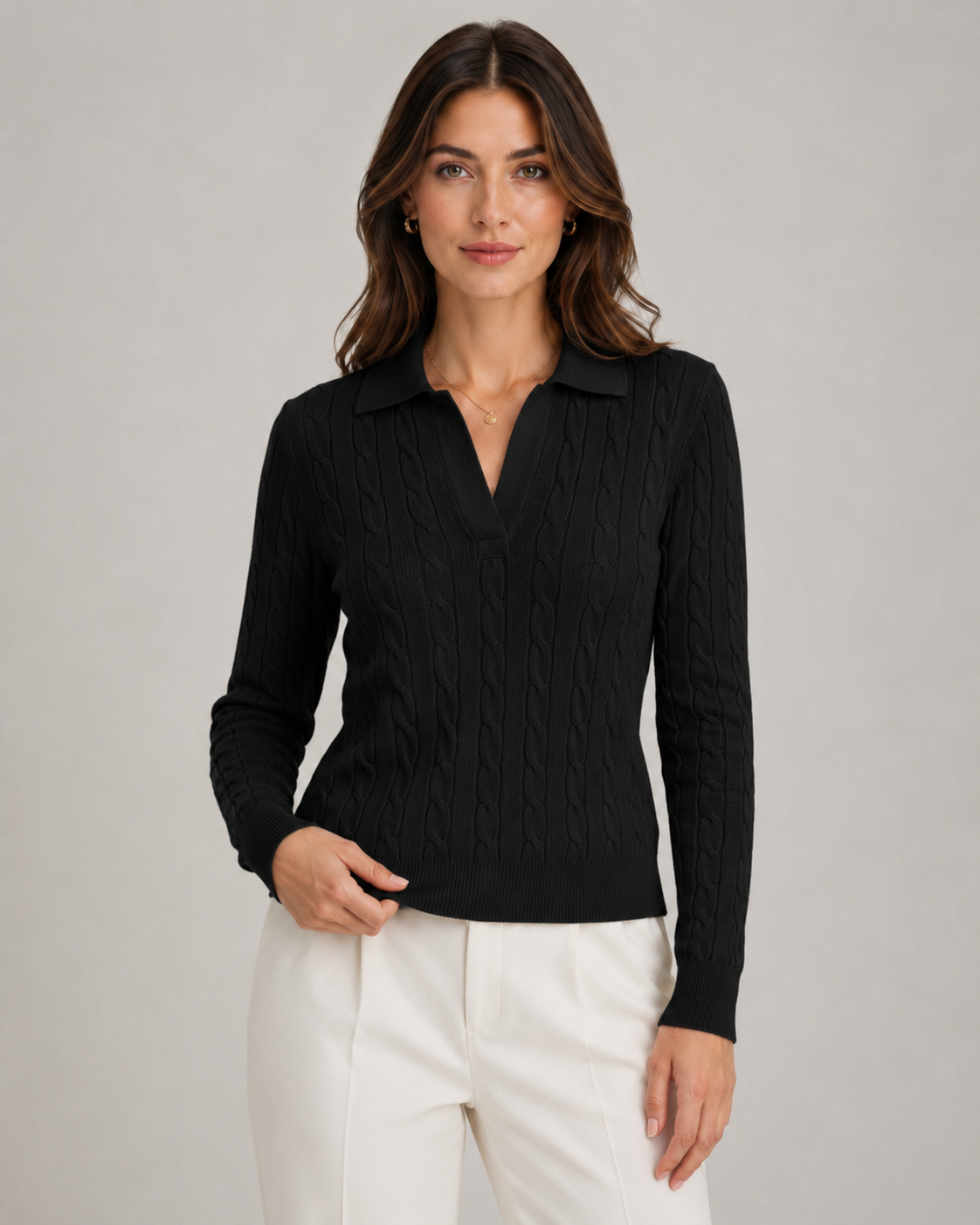 Cable Knit Collared Long Sleeve Polo Sweater