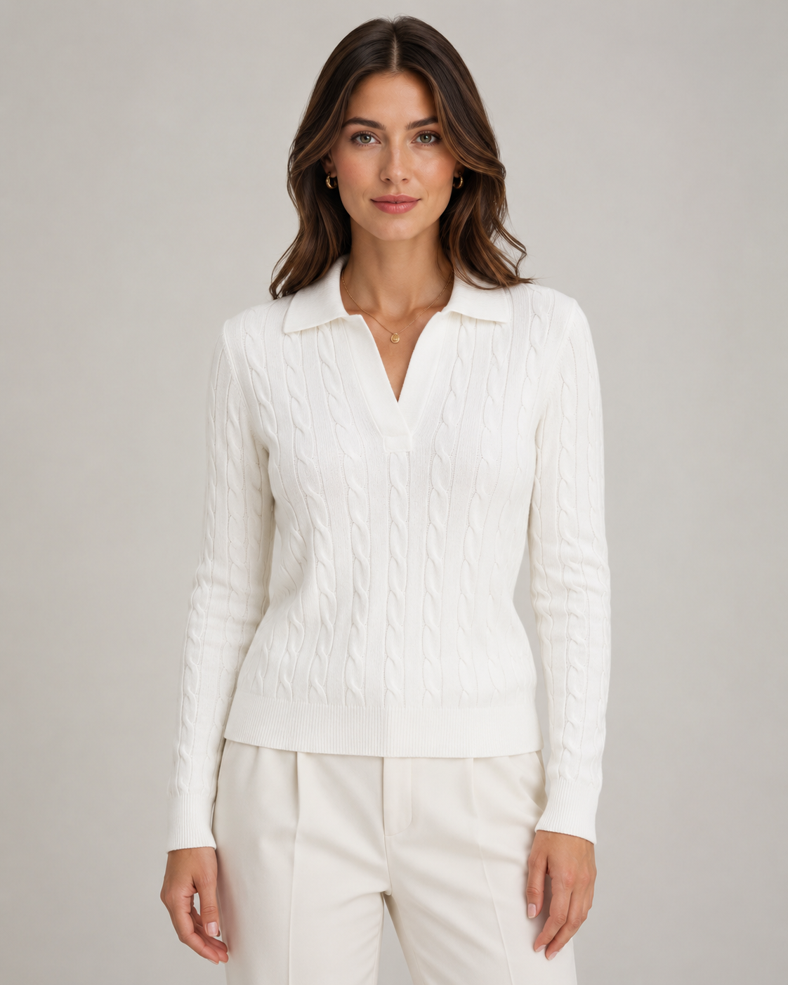 Cable Knit Collared Long Sleeve Polo Sweater 7