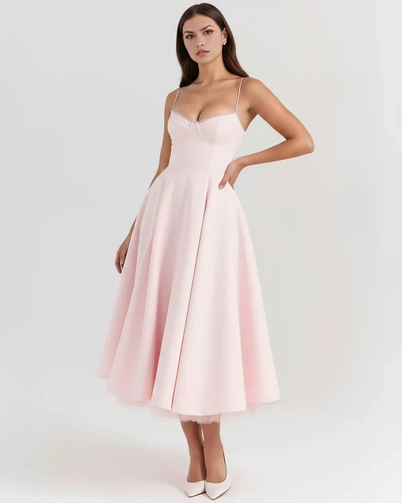 Spaghetti Strap Corset Bustier Full Skirt Midi Dress 3