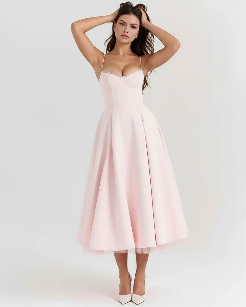 Spaghetti Strap Corset Bustier Full Skirt Midi Dress 2
