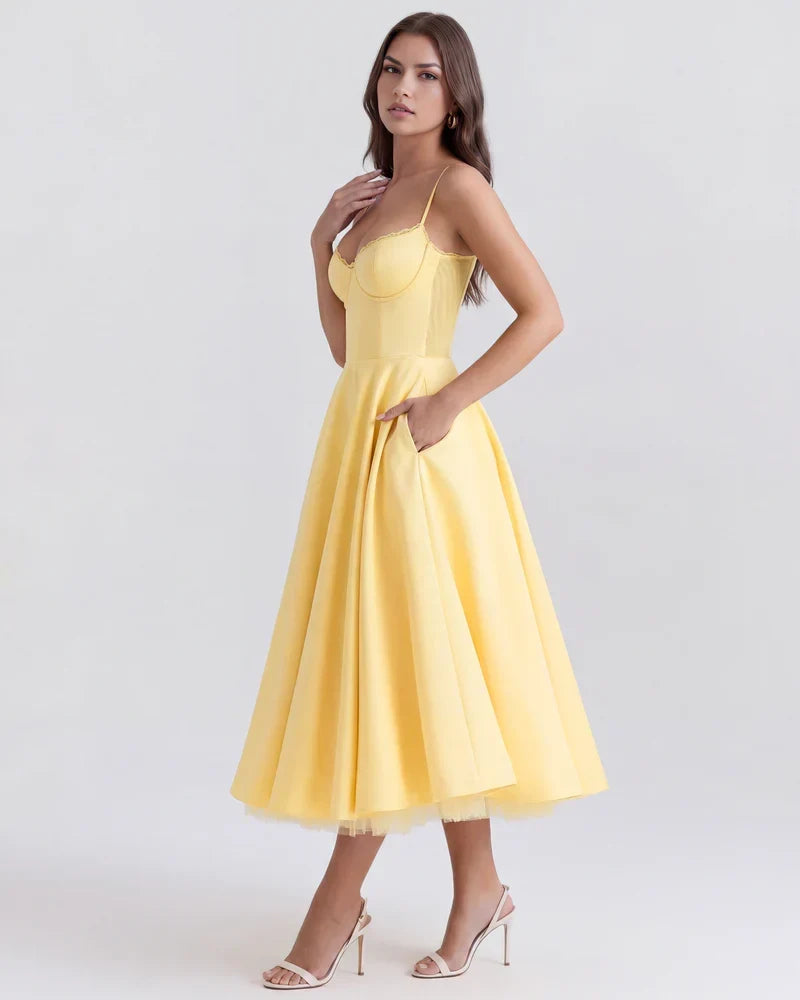 Spaghetti Strap Corset Bustier Full Skirt Midi Dress 5