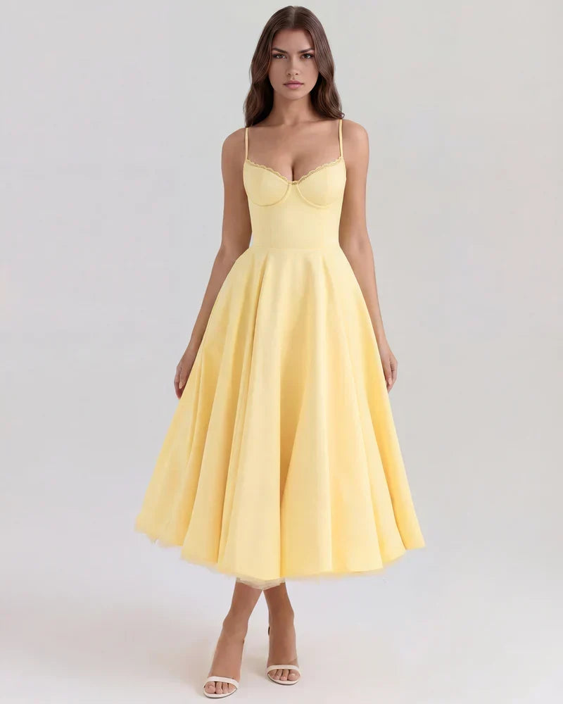 Spaghetti Strap Corset Bustier Full Skirt Midi Dress 4