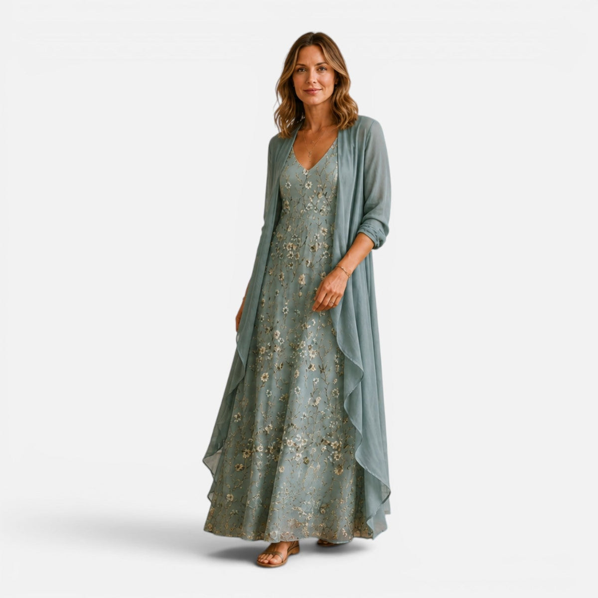 Floral Embroidered Lace Maxi Dress and Sheer Chiffon Duster Two Piece Set 4