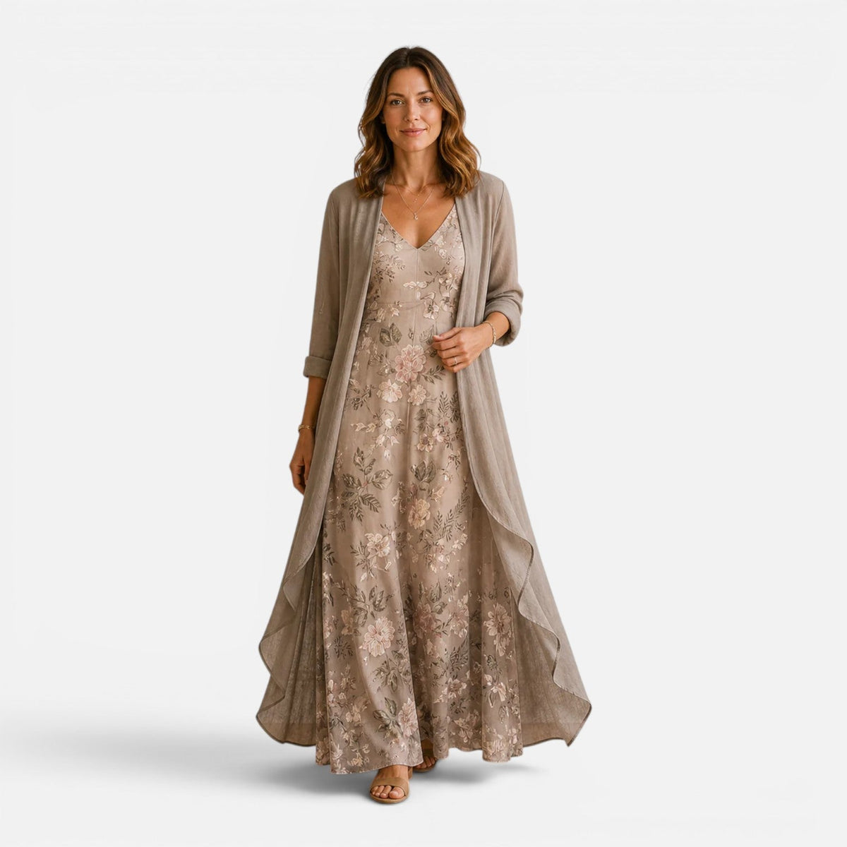 Floral Embroidered Lace Maxi Dress and Sheer Chiffon Duster Two Piece Set 2