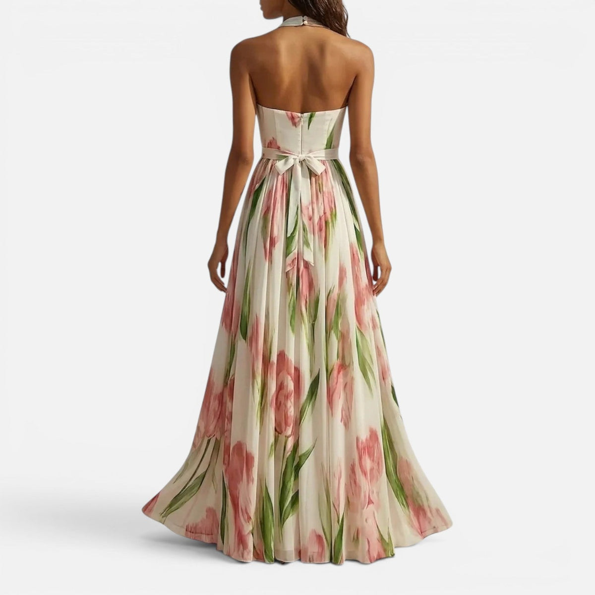 Floral Halter Neck V-Neck Pleated Maxi Gown 3