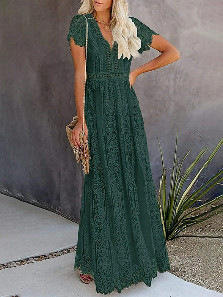 Lace V-Neck Flutter Sleeve Boho A-Line Maxi Dress - View 4