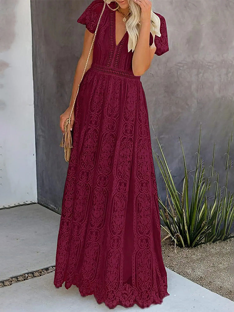Lace V-Neck Flutter Sleeve Boho A-Line Maxi Dress - View 11