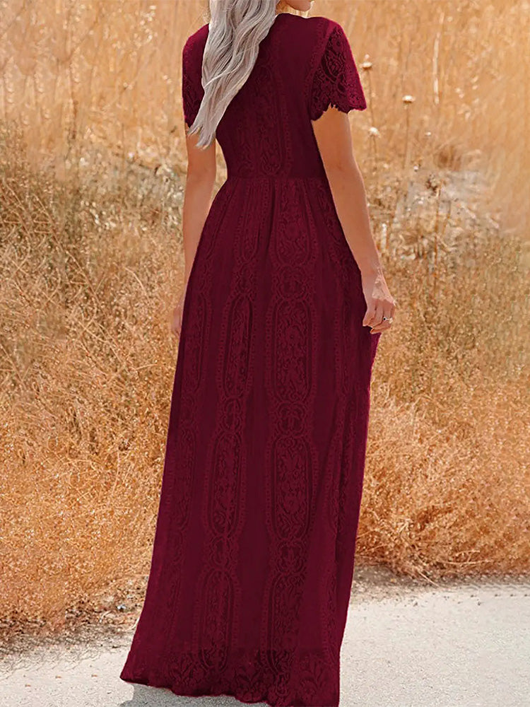 Lace V-Neck Flutter Sleeve Boho A-Line Maxi Dress - View 10