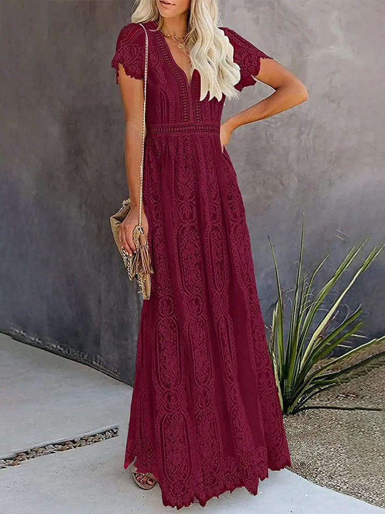 Lace V-Neck Flutter Sleeve Boho A-Line Maxi Dress - View 12