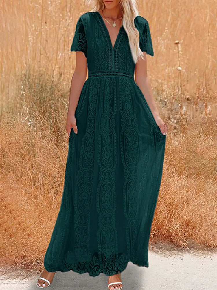 Lace V-Neck Flutter Sleeve Boho A-Line Maxi Dress
