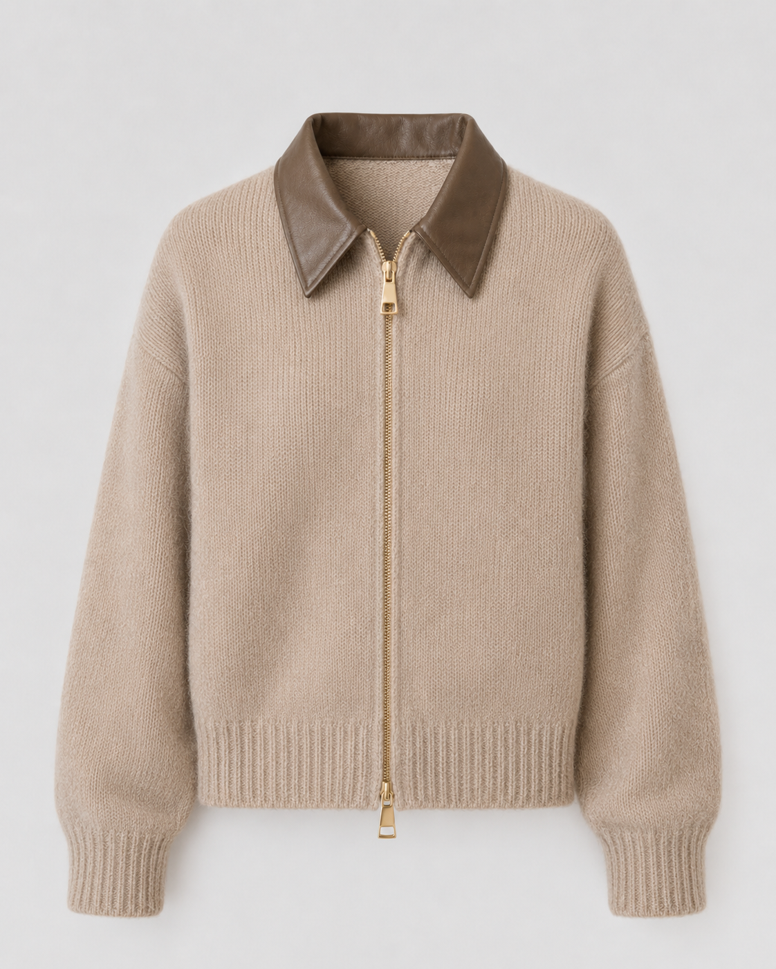 Faux Leather Collar Two Way Zip Knit Cardigan 2