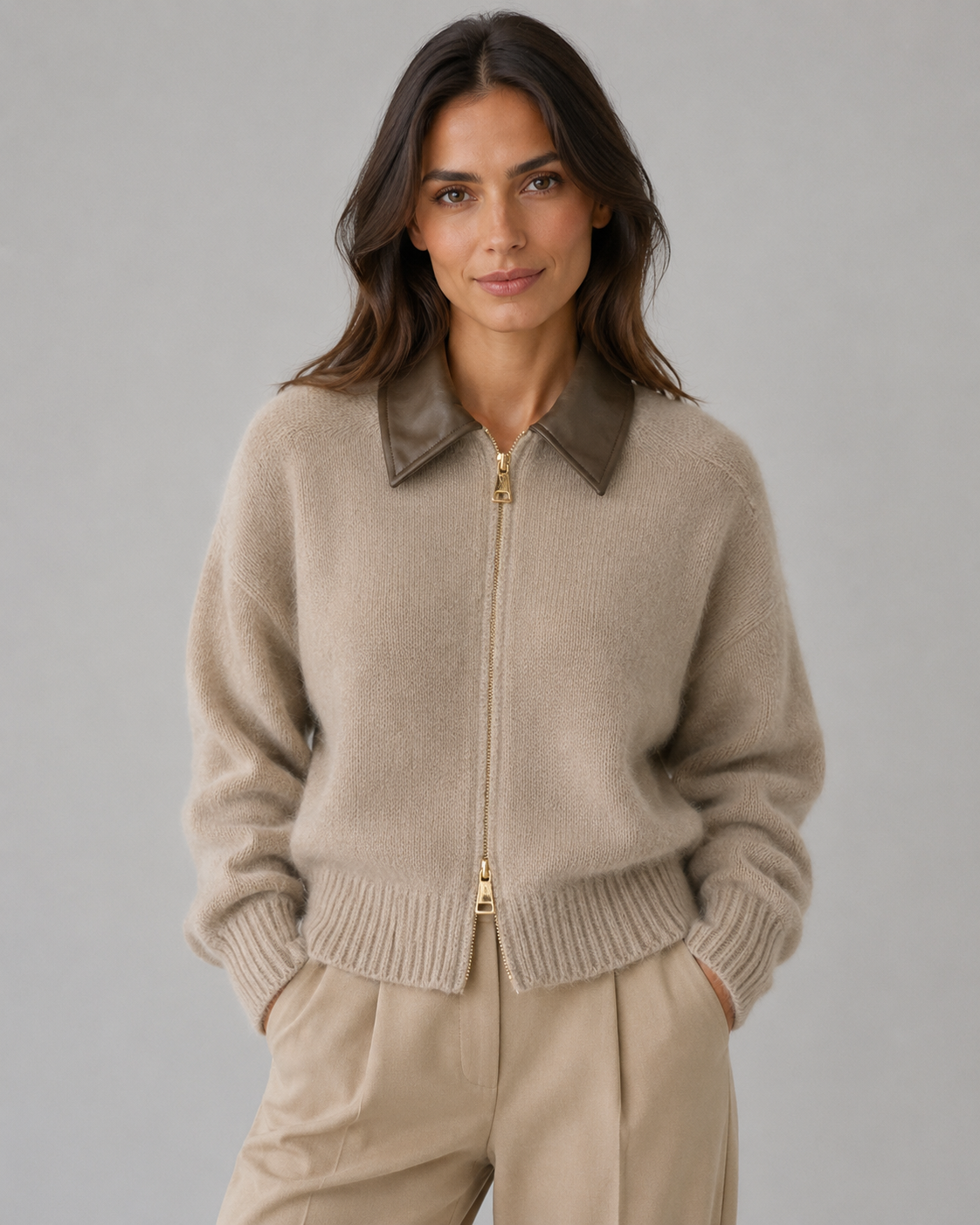 Faux Leather Collar Two Way Zip Knit Cardigan