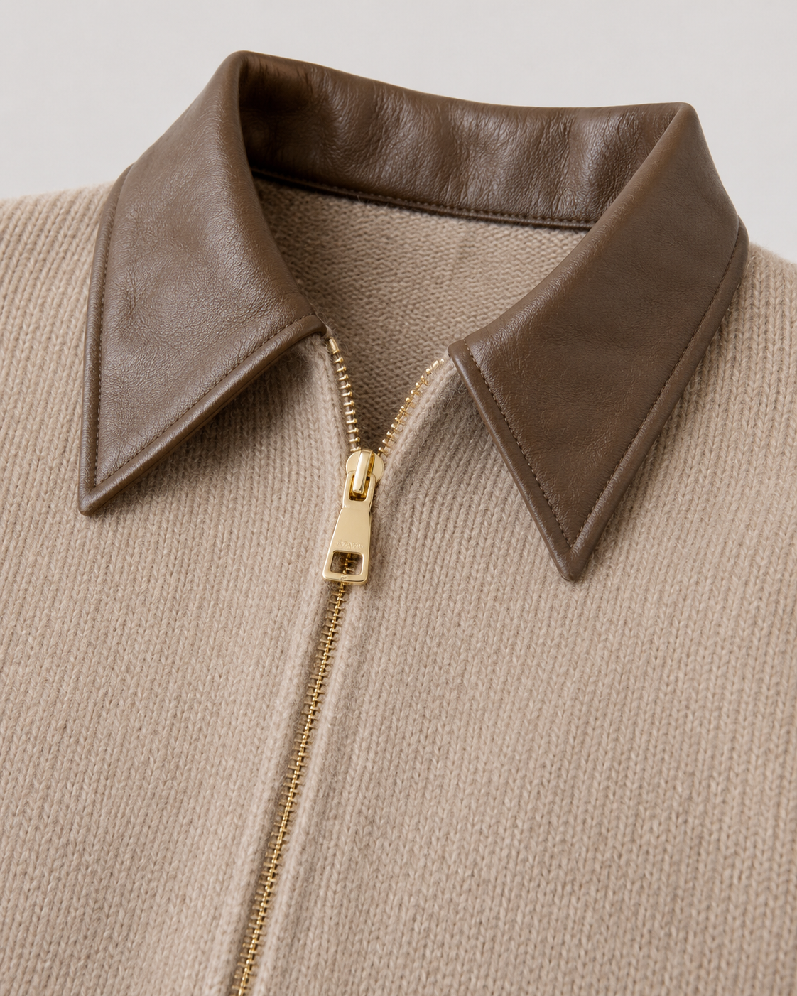 Faux Leather Collar Two Way Zip Knit Cardigan 4