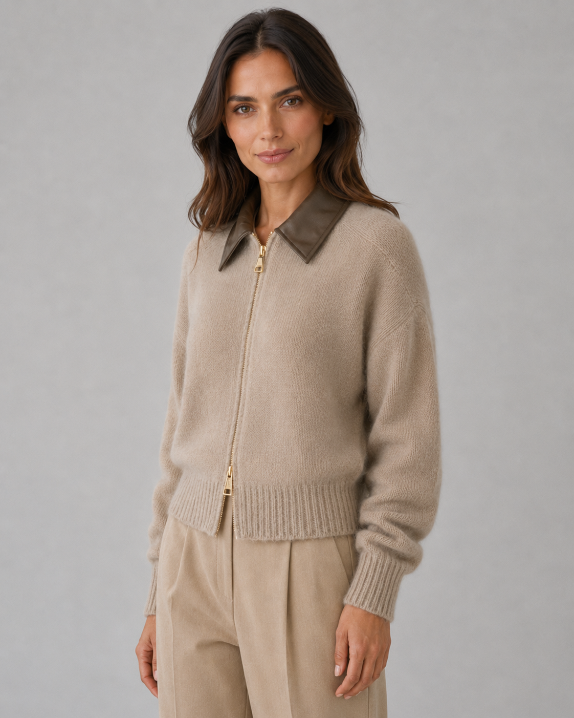 Faux Leather Collar Two Way Zip Knit Cardigan 8