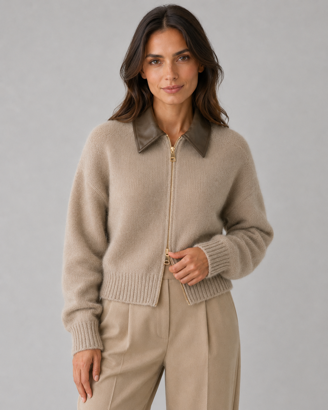 Faux Leather Collar Two Way Zip Knit Cardigan 5