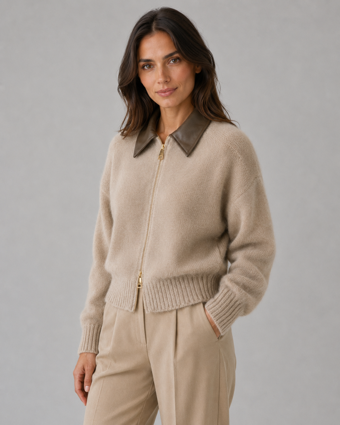 Faux Leather Collar Two Way Zip Knit Cardigan 9