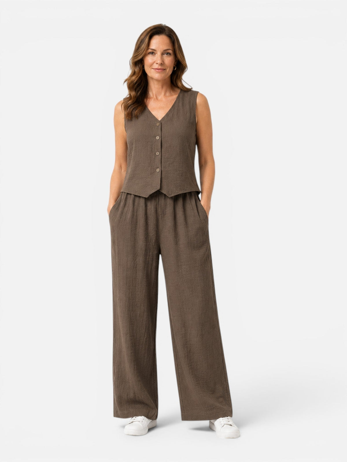 Button Front Vest and Wide Leg Pants Linen Look Two Piece Set 2
