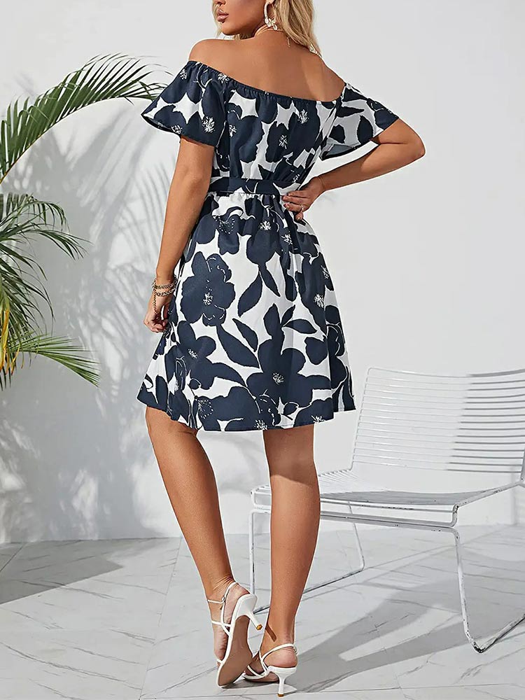 Floral Off Shoulder Bell Sleeve Tie Waist A-Line Mini Dress - View 8