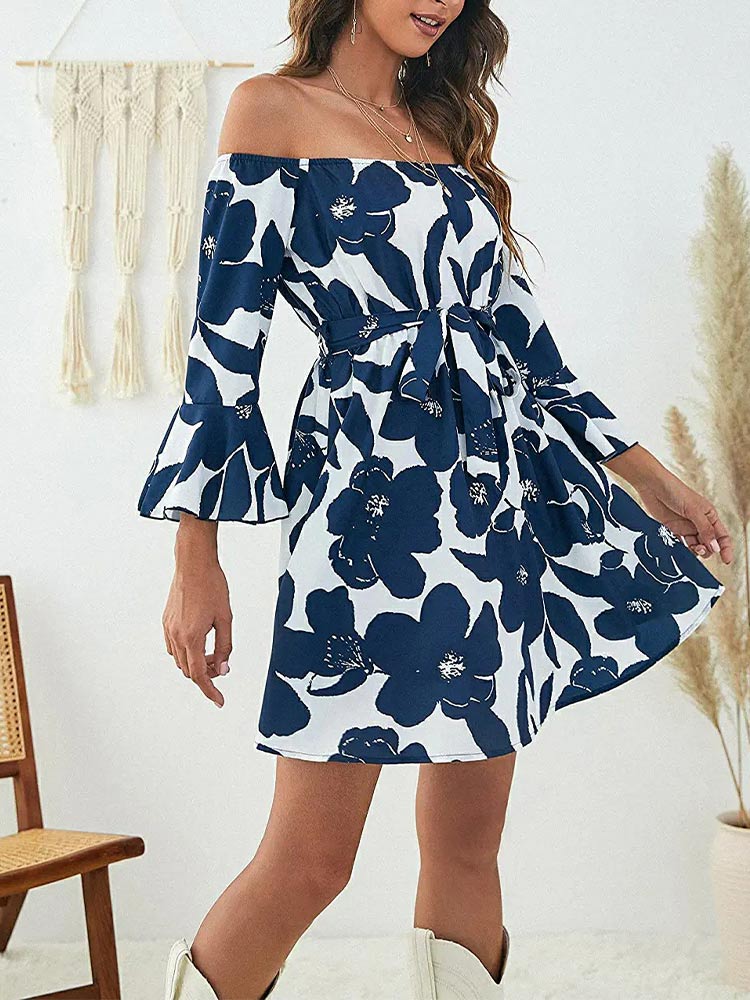 Floral Off Shoulder Bell Sleeve Tie Waist A-Line Mini Dress - View 10