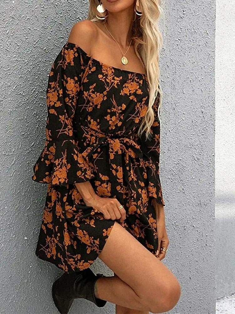 Floral Off Shoulder Bell Sleeve Tie Waist A-Line Mini Dress - View 2