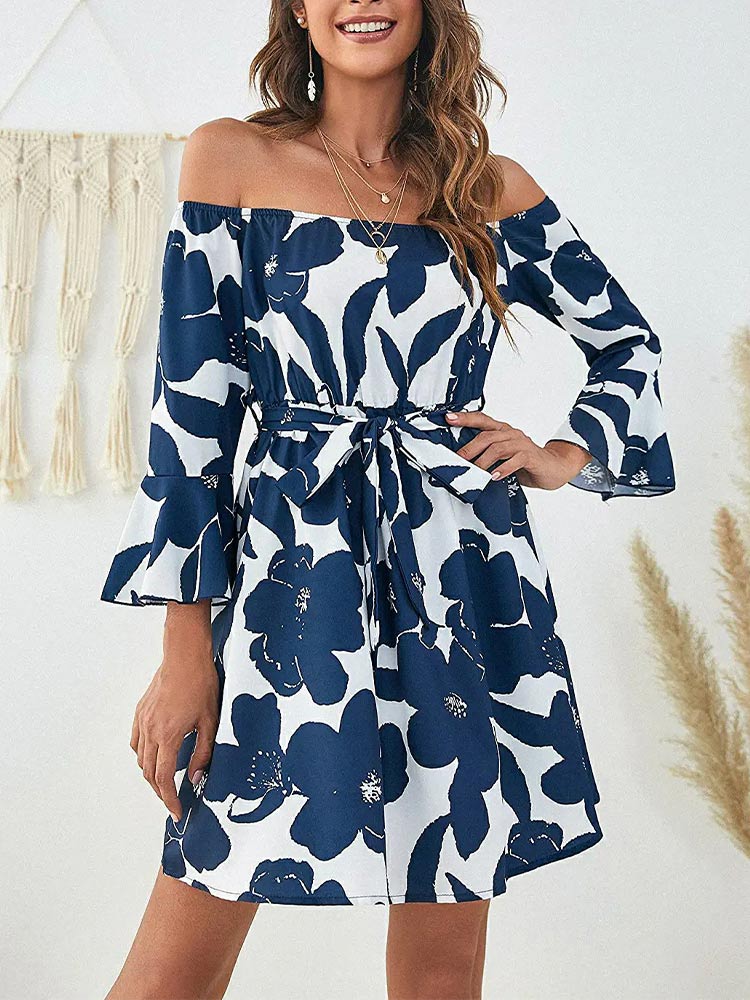 Floral Off Shoulder Bell Sleeve Tie Waist A-Line Mini Dress - View 9