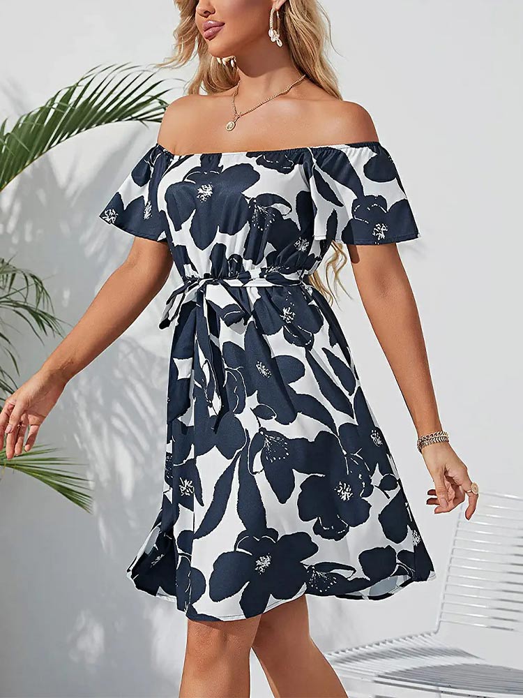 Floral Off Shoulder Bell Sleeve Tie Waist A-Line Mini Dress - View 7