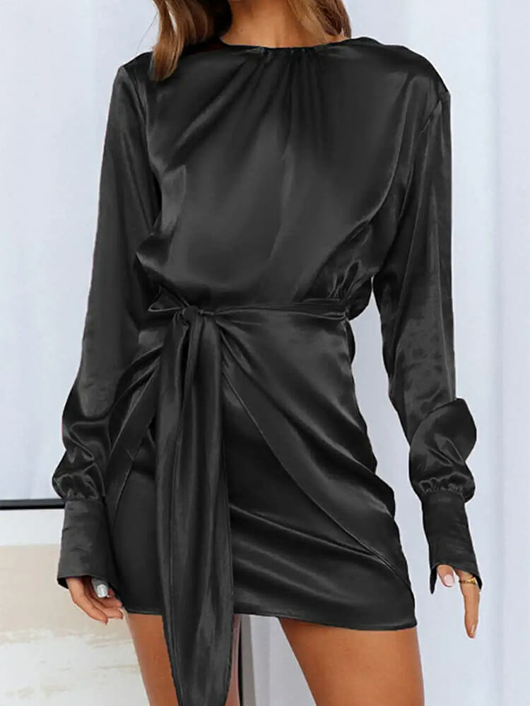 Satin Round Neck Long Sleeve Tie Waist Cocktail Mini Dress - View 11