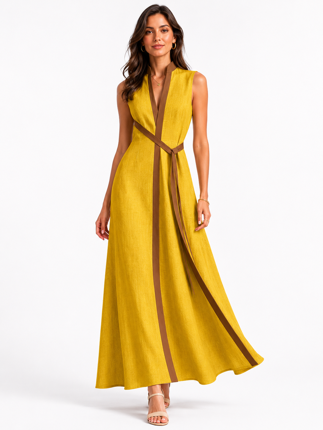 V-Neck Contrast Trim Belted Sleeveless Maxi Dress 5