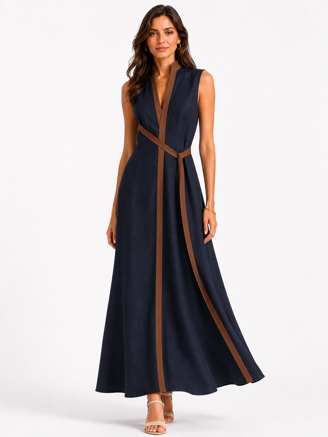 V-Neck Contrast Trim Belted Sleeveless Maxi Dress 2