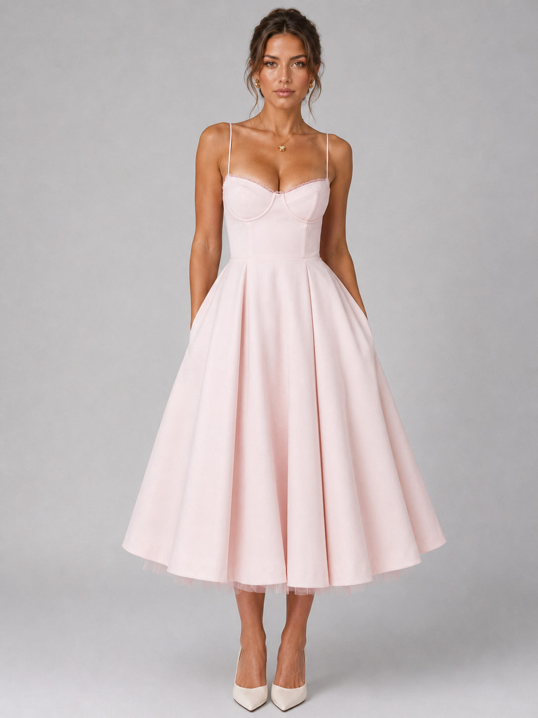 Corset Sweetheart Spaghetti Strap Full Skirt Midi Dress