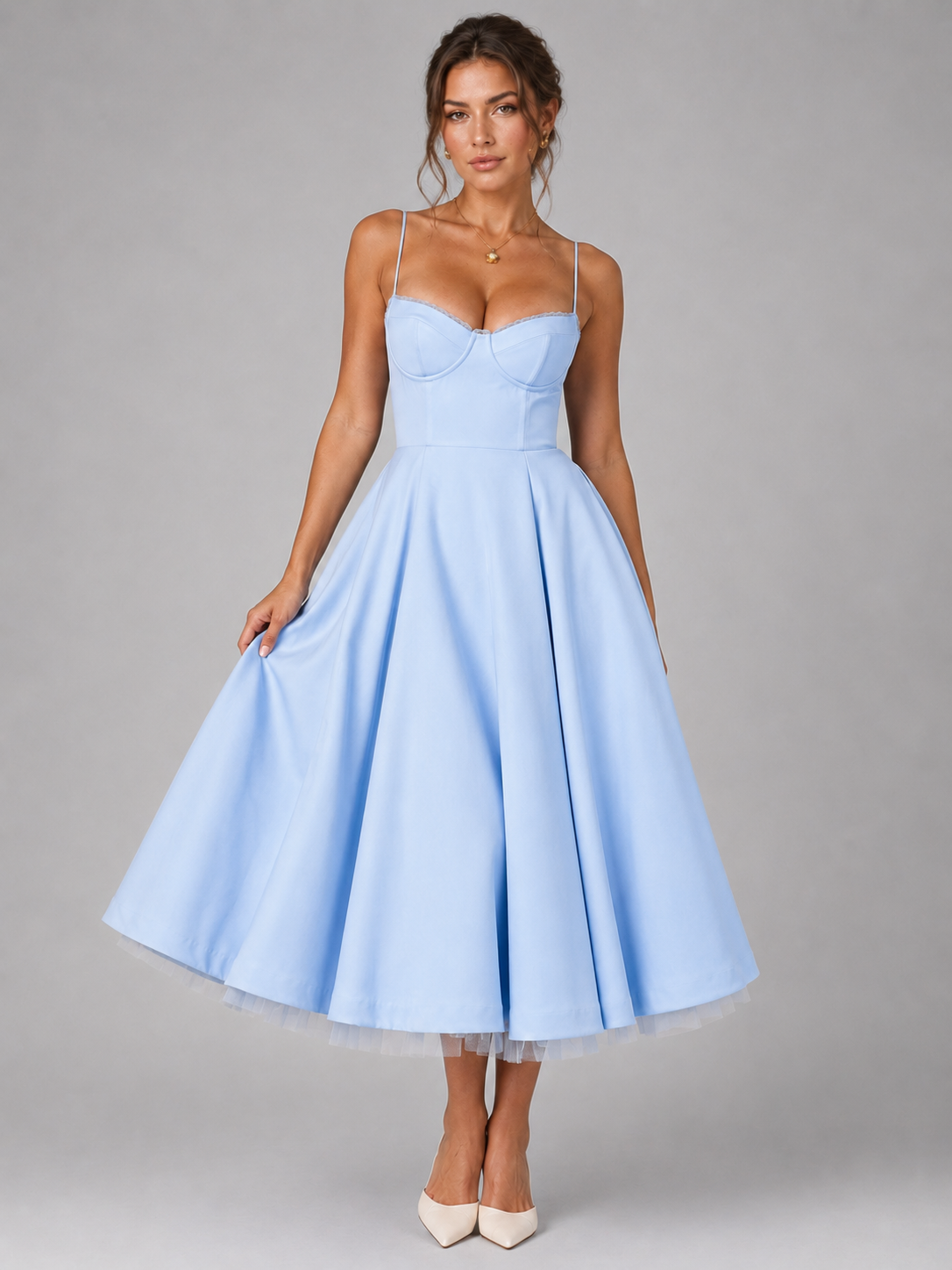 Corset Sweetheart Spaghetti Strap Full Skirt Midi Dress 4