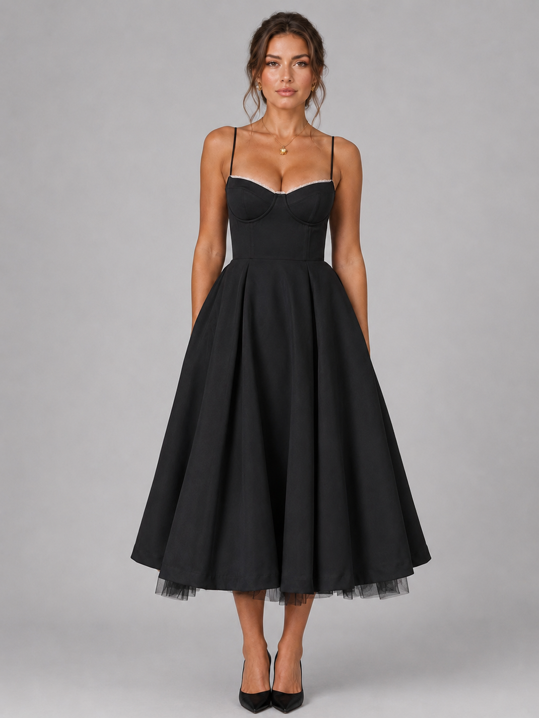 Corset Sweetheart Spaghetti Strap Full Skirt Midi Dress 7