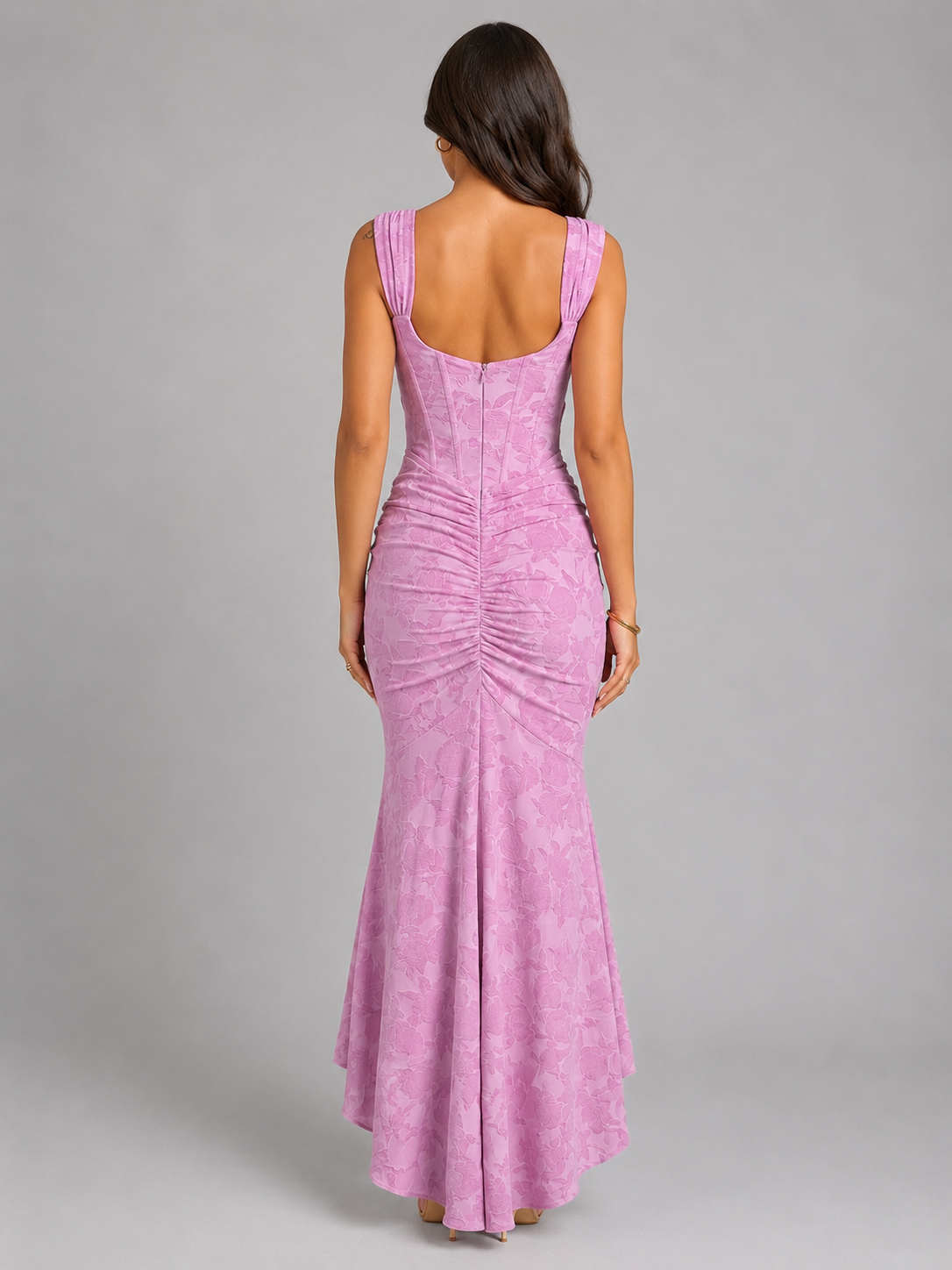 Floral Jacquard Square Neck Corset High Low Maxi Dress 2