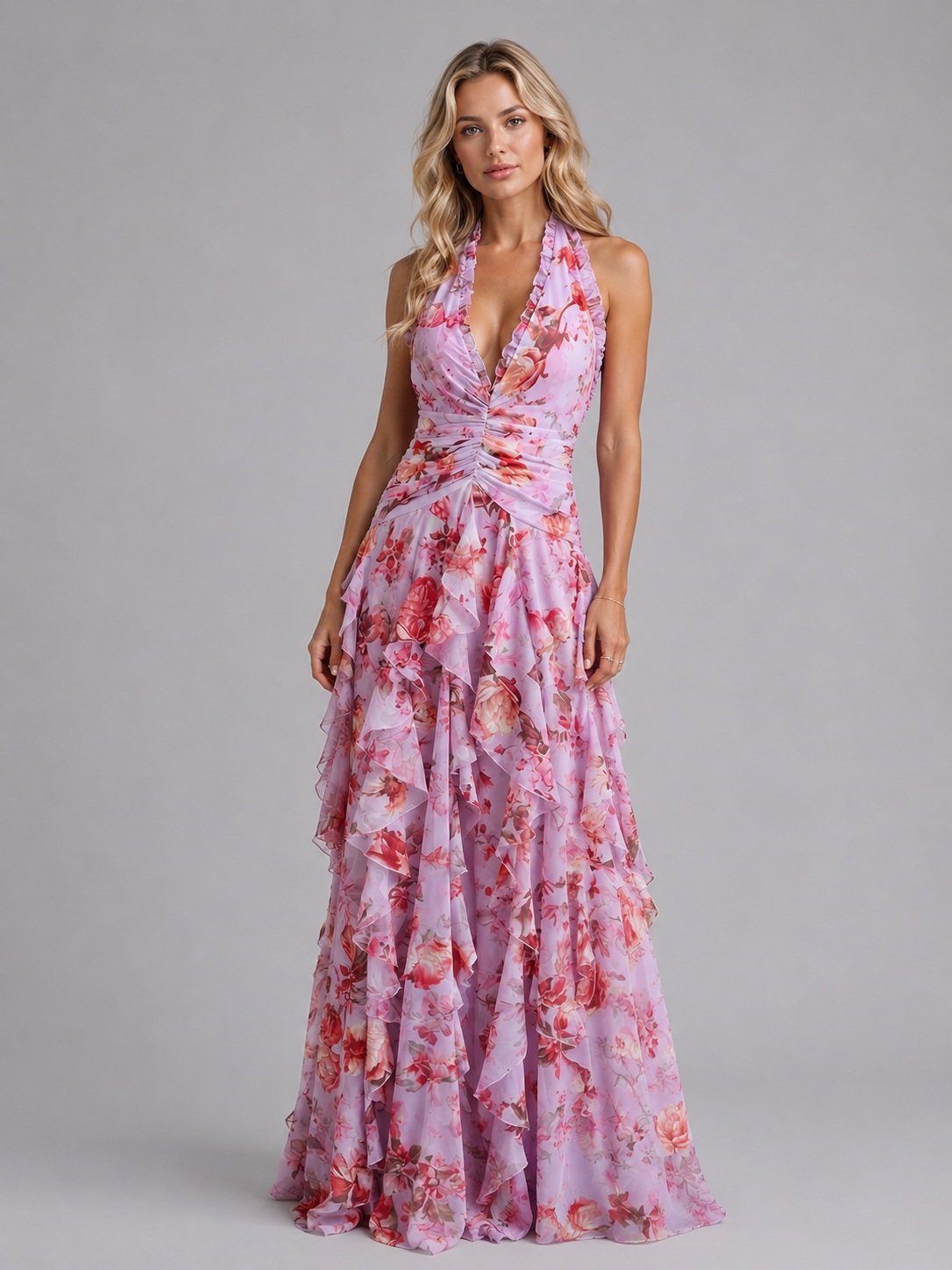 Floral Halter Neck Deep V Ruffle Cascade Maxi Dress