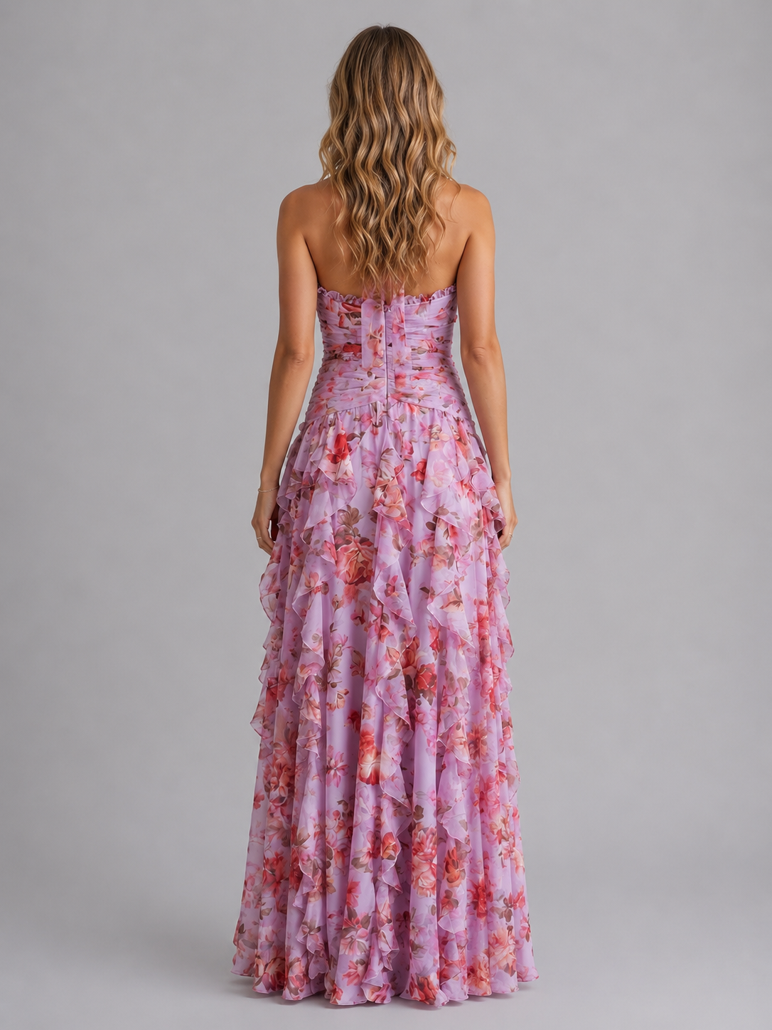 Floral Halter Neck Deep V Ruffle Cascade Maxi Dress 3