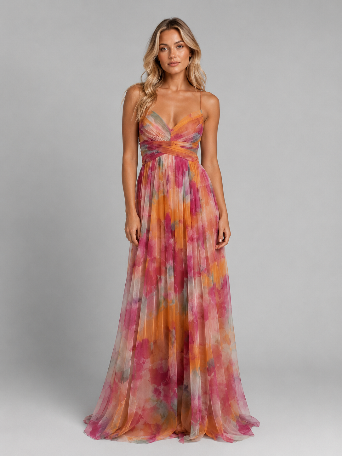 Floral V-Neck Spaghetti Strap Chiffon Maxi Dress