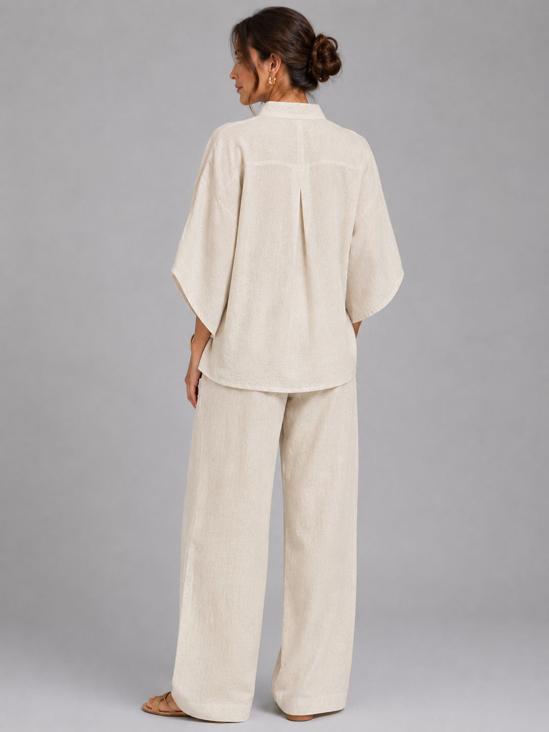 Band Collar Button Placket Top and Wide Leg Pants Two Piece Set 2