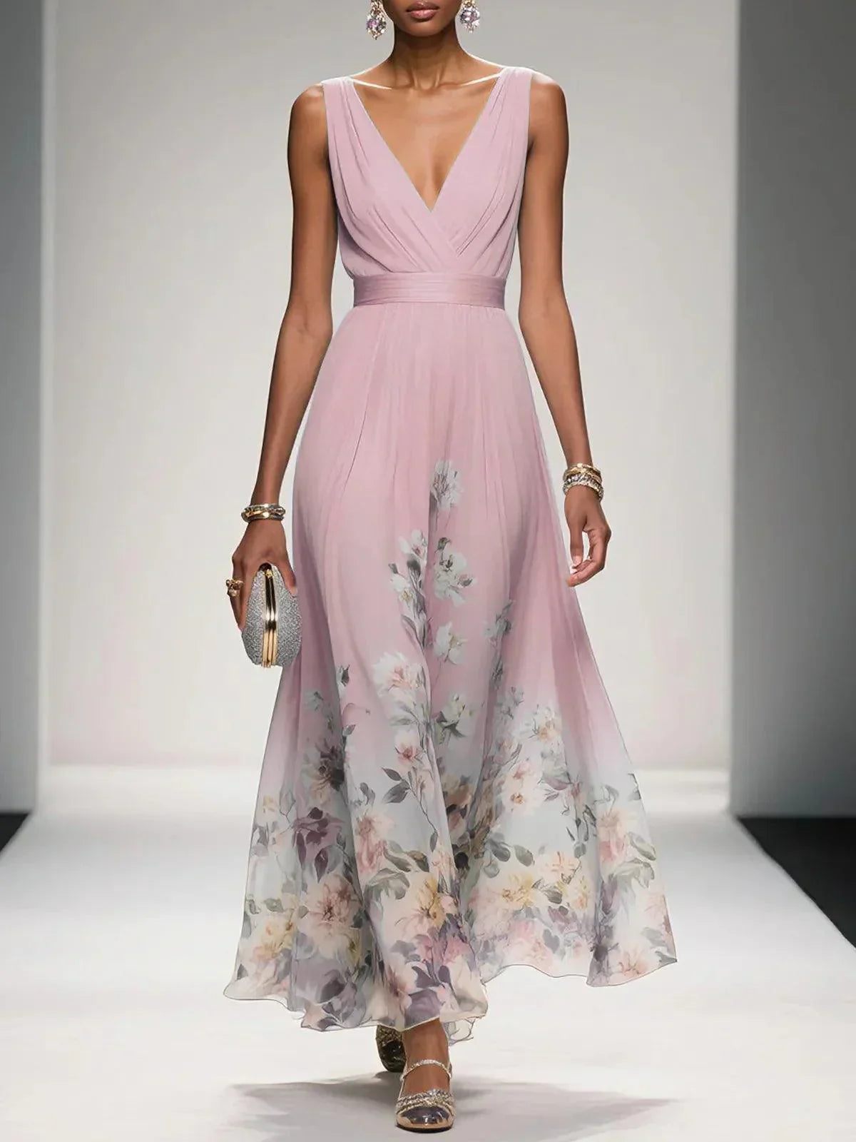 Floral Chiffon V-Neck Sleeveless Maxi Dress Wedding Guest 2