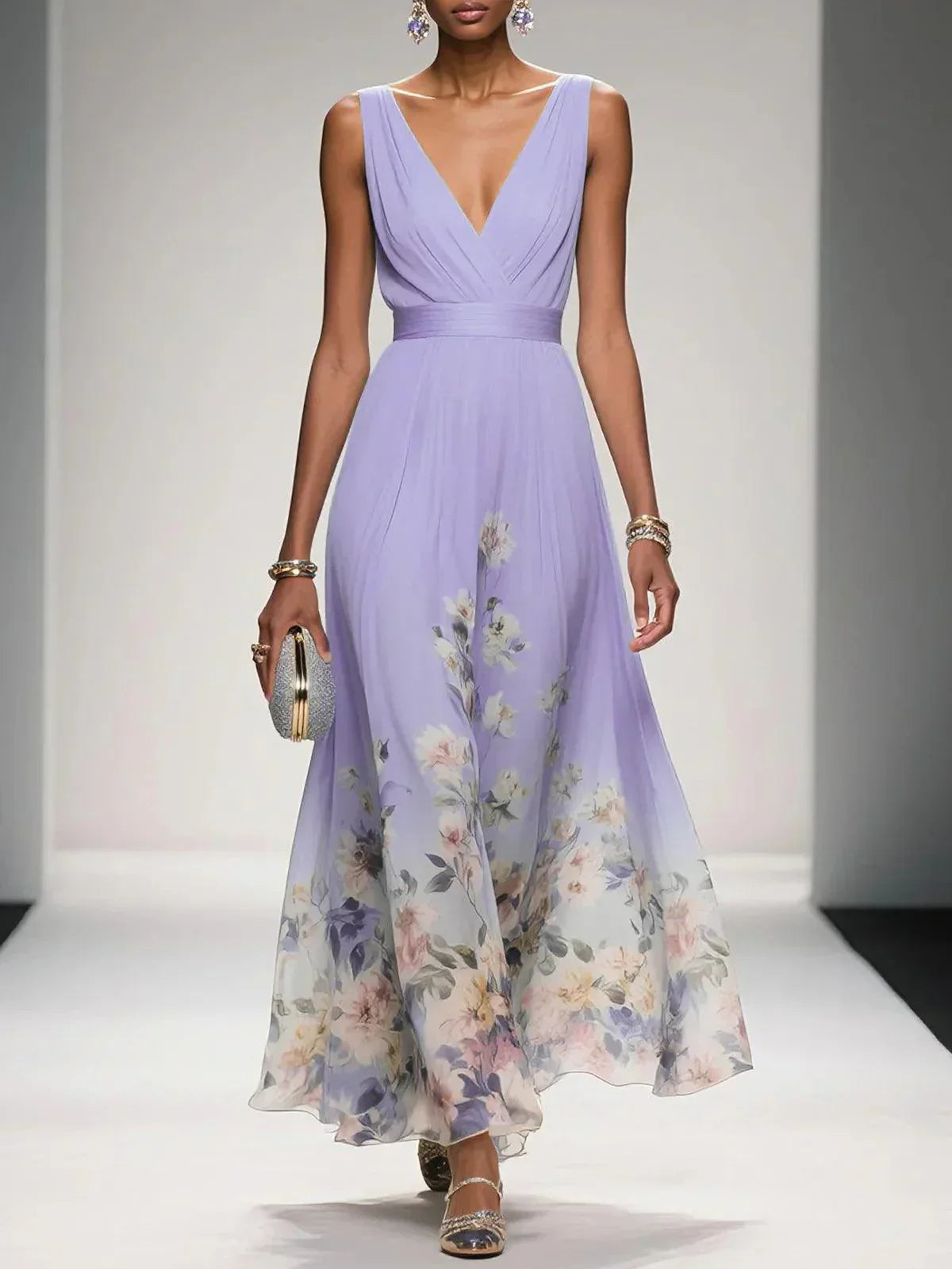 Floral Chiffon V-Neck Sleeveless Maxi Dress Wedding Guest 3